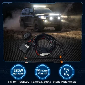 Universal 280W Wireless Remote Control LED Auxiliary Light Wiring Harness Kit 12V 24V IP67 Waterproof PT1.0 Adapter 30A Fuse