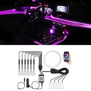 Universal Car Interior Ambient Fiber Optic Strip Light with RGB LED Music Sync DC 12V Automotive Decorative Lighting