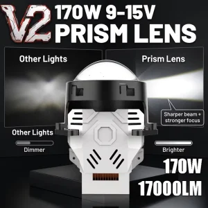 V2 170W 9 15V Prism Len Canbus Dual Cooling Fan 6000K Driving Lighting Bi LED Projector Len Light For Car SUV Pickup