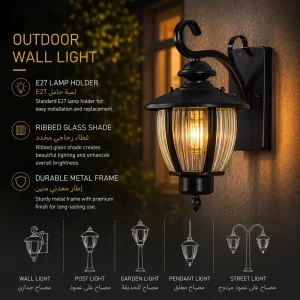 Vintage Outdoor Wall Lantern with Reeded Glass Shade for Villa Porch Lighting