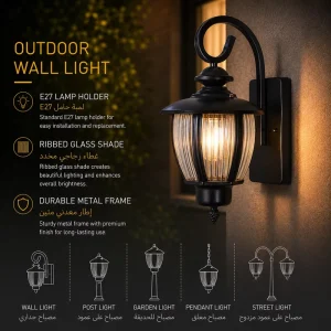 Vintage Outdoor Wall Lantern with Reeded Glass Shade for Villa Porch Lighting