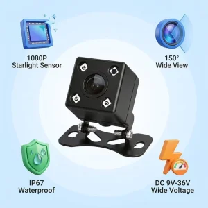 Wide 150° DFOV 1080P Full Color Night Vision Car Camera with 3 White Lights Mirror Image Plastic IP67 Housing