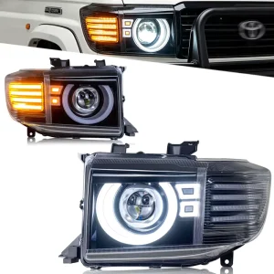 for Toyota Land Cruiser LC76 headlight assemblies LC71 with LED lenses, daytime running lights, and turn signals
